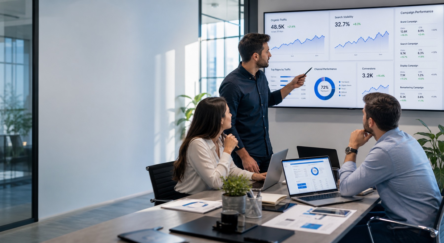 Equipo de marketing digital revisando paneles de rendimiento y estrategias de crecimiento