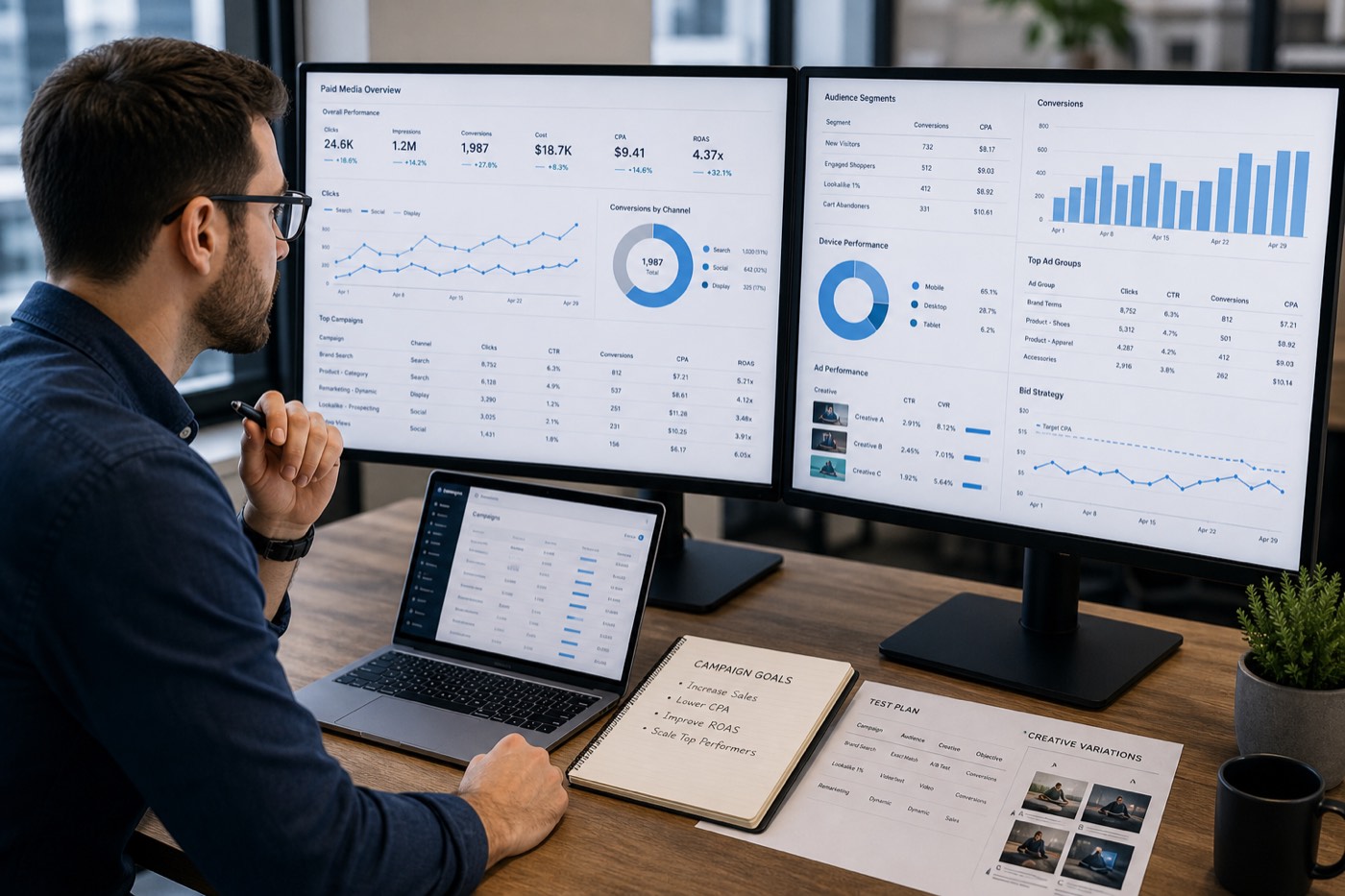 Gestor de campanas trabajando con tableros de Google Ads y redes sociales